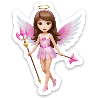 Hada de piel clara cupido pequeña  de cabello largo lacio castaño con flequillo y ojos cafés  vestida con algo sensual semitransparente corto color blanco o rojo con 1 arco y una sola flecha que combinen y labios rositas tipo Barbie pero en hada cupido de cuerpo completo de pies a cabeza   sticker