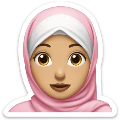 hijabi girl wearing a pink hijab with brown eyes and white skin doing a kissy face and a peace sign sticker