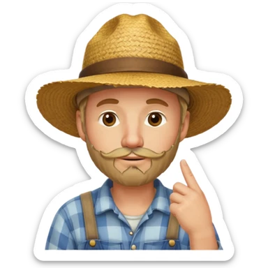 “A single emoji-style character combining 👨‍🌾😄 and 🤔: a smiling farmer man with a straw hat, friendly face, and light beard, holding one hand under his chin in a thinking gesture. His index finger rests under his face, eyes looking slightly upward as if thinking.  sticker