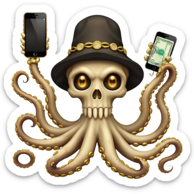 satanic octopus skeleton. Evil looking eyes, wearing a gold necklace and backwards hat. 2 tentacles are holding their own cellphones, 2 other tentacles are holding stacks of cash sticker
