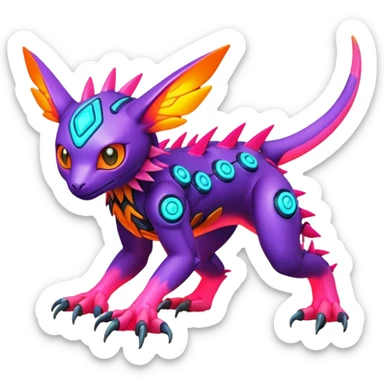 Tropical lush warm-colored modern colorful neon-colored cyber-Fakémon-Digimon-Trico-creature sticker
