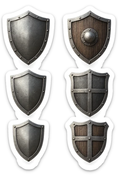 6 scudi che simboleggiano "difesa e protezione", realistici in 3d fluttuano in aria, iperrealistico 4k sticker