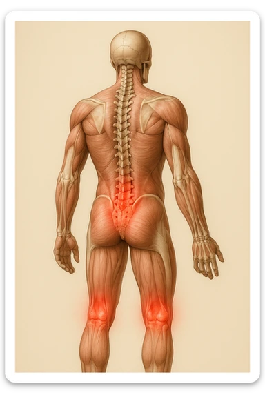 corpo umano anatomico con mal di schiena e al ginocchio, iperrealistico 4k sticker