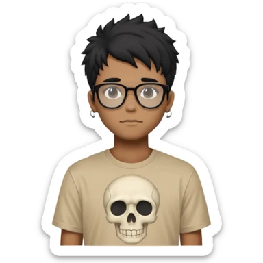 black anime hair guy with skeleton makeup wearing a stussy tshirt with glasses sticker