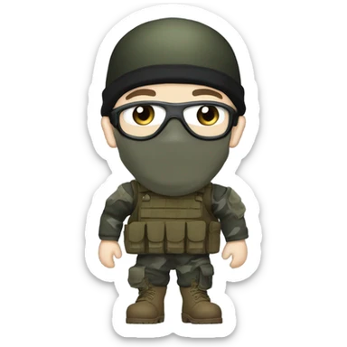 male, pale skin, face mask, camo tactical gear, combat boots, black beanie, blue eyes sticker
