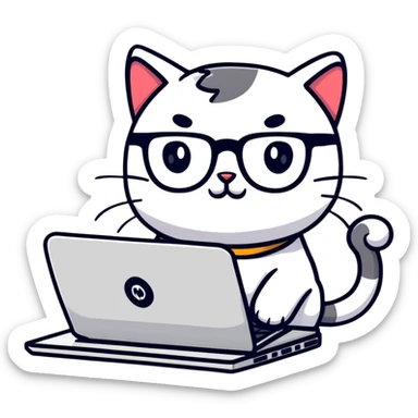 cartoon cat with glasses coding on a laptop sticker
