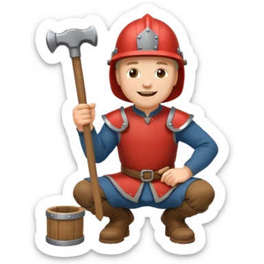 a happy medieval white man with a helmet kneeling and knocking with a hammer sticker