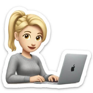 Woman with pale skin, short blonde ponytail and gray sweater sitting at table with Apple laptop sticker