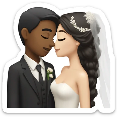 Bride with brunette hair and fair skin kissing groom with black hair and beige skin sticker