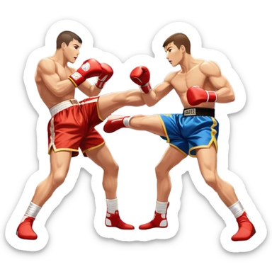An icon showcasing a high-energy kickboxing match. Two fighters in action, one delivering a powerful roundhouse kick while the other defends with gloves raised. The background features a professional ring with bright lights and a cheering crowd. Transparent background. sticker