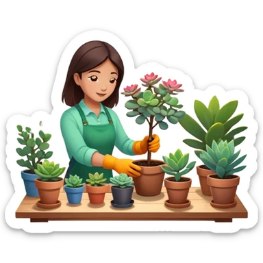 Close-up of a person planting a sapling in a pot. Around, potted plants and succulents with vibrant leaves and flowers. Sunlight filters through the window, casting soft shadows. Cozy indoor space with gardening tools on a wooden table. sticker