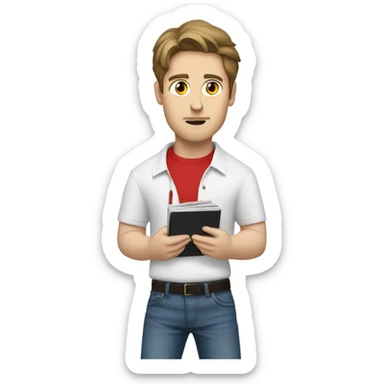 attractive brunette man wearing red polo overtop a white shirt and really baggy jeans looking at records, pale skinned sticker