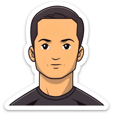 Attractive man in his 40s with youthful appearance, light brown skin, elongated face, defined jawline, medium dark eyes, arched eyebrows, straight nose, handsome friendly expression, short dark hair styled upward, athletic build, wearing a fitted black t-shirt sticker