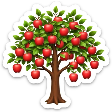 A 3D cartoon apple tree with red apples hanging from its branches, lush green leaves, bright daylight, Memoji-style realism. sticker