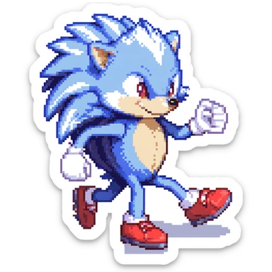blue hedgehog with red shoes and white gloves, mid-run in a colorful Green Hill Zone with golden rings and motion lines, confident expression sticker