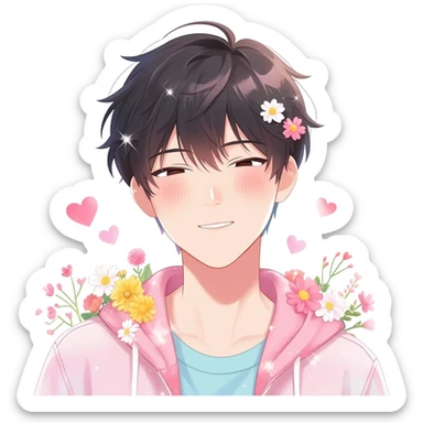 Gorgeous bright sparkly romantic Asian pastel anime guy with blushing face and flowers aesthetic trending style outside sticker