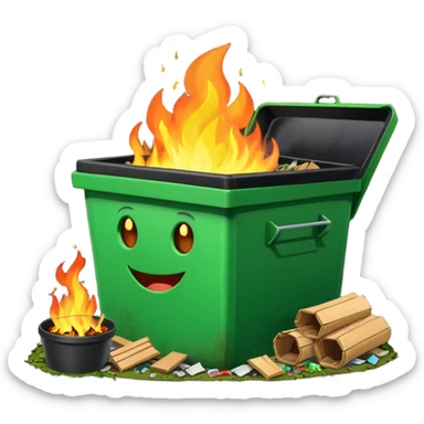 Bright green happy dumpster with an open black lid and a large fire burning only inside it. there is litter and trash on the ground around it not burning sticker