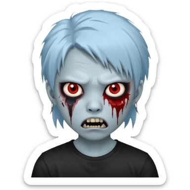  3D emoji-style avatar with very pale blue-grey zombie skin , a young Asian face, and large eyes with blood tears. Give it white litle bit messy mullet hair style , silver hoop earrings, and a plain black T-shirt. The face expression should be slightly angry, with vampire fang sticker