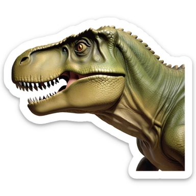 Beautiful and Majestic T-rex Portrait Emoji, Head and body resting peacefully with a serene, confident expression, showcasing its colossal, muscular form and a subtle, regal glint in its eyes, Simplified yet exquisitely endearing features, highly detailed, glowing with a soft, drowsy prehistoric light, high shine, relaxed and utterly majestic, stylized with an air of ancient splendor, soft glowing outline, capturing the essence of a beautiful and majestic T-rex that feels destined to become the next viral icon of awe-inspiring dinosaur beauty! sticker
