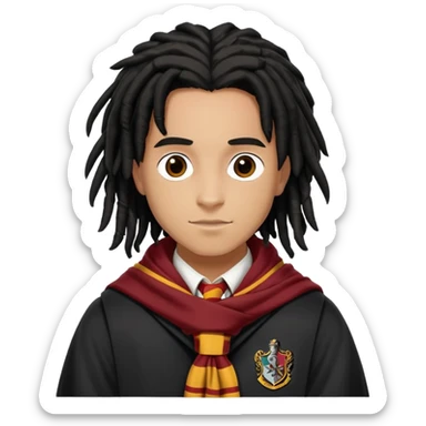 Luke Youngblood is Lee Jordan in harry potter, wear hogwarts uniform, dreadlocks black  hair, gryfindor scarf around neck sticker