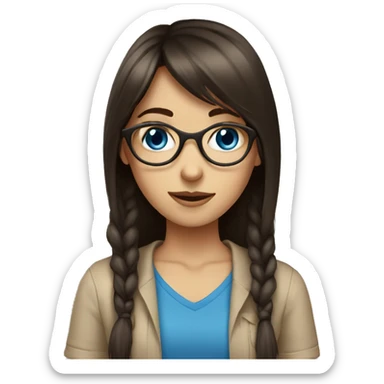 Dark brown long hair bangs girl with blue eyes, in beige shirt and glasses sticker