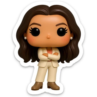 Create a Funko Pop style vinyl figure of Eva Longoria with ultra high quality details: luminous smooth tanned skin, extremely detailed dark hair, hyper-textured feminine cream suit (jacket and pants), small pearly earrings, greige leather boots clearly visible, arms crossed, rosy cheeks, very discreet freckles, eyelashes, mischievous and cheerful expression, no mouth, transparent background. sticker