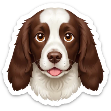 Cinematic Cute Springer Spaniel Portrait Emoji, Head tilted playfully and inquisitively, featuring a vibrant Fur of liver and white with a natural sheen, round, sparkling brown eyes filled with curiosity, Simplified yet irresistibly adorable features, highly detailed, glowing with a warm, friendly glow, high shine, affectionate and lively, stylized with a touch of whimsy, bright and endearing, soft glowing outline, capturing the essence of a mischievous yet loving pup, so playful it feels like it could frolic out of the screen and into your arms! sticker