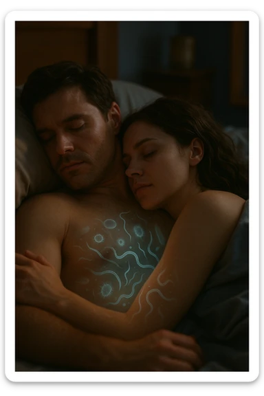 A hyper-realistic, cinematic image of a man and a woman sleeping together in the same bed under soft, dim night lighting, with their bodies close and touching. Their skin appears slightly illuminated where it touches, and under a subtle x-ray style overlay, faint ghostly silhouettes of microscopic parasites and worm-like organisms are visible crawling transdermally between their bodies, symbolizing silent, unnoticed parasite transmission during sleep. The environment is a cozy bedroom with warm tones, but the presence of the glowing parasites creates a slightly unsettling feeling, emphasizing the hidden danger. Their faces are calm, unaware, symbolizing the unconscious nature of the transmission. The image is detailed with a 35mm film hyperrealistic aesthetic, focusing sharply on the point of contact between their skin where the parasites pass, while the background remains softly blurred. The color palette uses muted warm browns and soft moonlight blues to maintain a nighttime, intimate feeling, contrasting with the translucent, glowing parasites to illustrate the hidden risk of transdermal parasite transmission while sharing a bed sticker