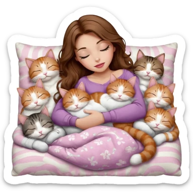 girl with long wavy brown hair, brown eyes, long lashes makeup, sexy pink lips, light to medium complexion,  sleeping on a cozy pillow, with 6 cats: 1 brown and white tabby cat, 1 ginger and white, 2 grey and white, 1 grey with white mittens and small white patch on chest and 1 calico, sleeping sticker
