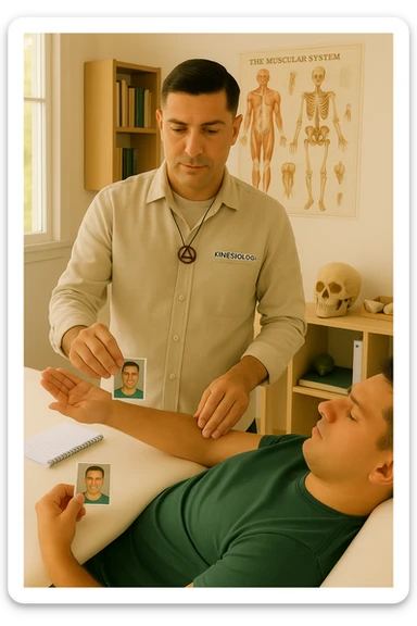a middle-aged man, dressed in casual professional attire, is in a bright, organized therapy studio. Durante una visita di kinesiologia, il ragazzo tiene con una mano la foto di una persona lontana (il “testimone”) tiene la foto in mano, mentre con l’altra mano esegue un test muscolare su un cliente presente senza foto lui non tiene la foto. Sullo sfondo si vedono libri di kinesiologia, poster anatomici e strumenti tipici della disciplina. L’atmosfera è concentrata e serena, con luce naturale che entra dalla finestra, sottolineando l’aspetto alternativo e umano della pratica. sticker