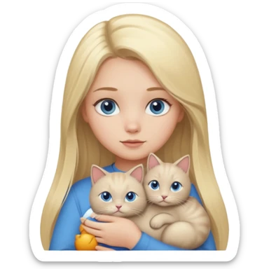 blonde girl with long blonde hair and blue eyes with chubby gray cat sticker