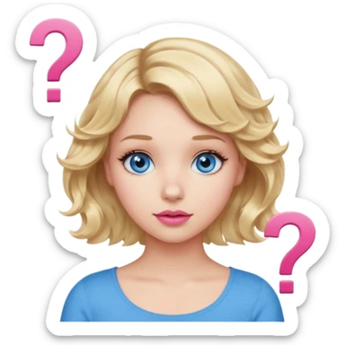 Girl Blonde short wavy hair,  blue eyes, cute blue top, long lashes, pink lips, question mark sticker