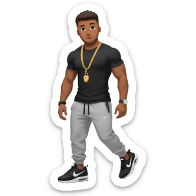 Handsome Black guy with brown skin tone, with muscular build, wearing black sweatpants, a white t-shirt, black Nike air max, a small rope chain, and a watch  sticker
