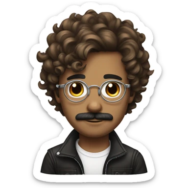 young adult man with brown wavy hair and arm tattoos, wearing brown outfit and black shoes, with silver wire glasses and moustache sticker