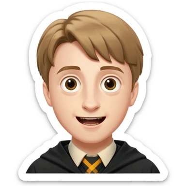 Hugh Mitchell is colin creevey in harry potter, wear hogwarts uniform,  Short light brown hair, small and skinny, wide mouth, with a perpetual look of excitement on his face. sticker