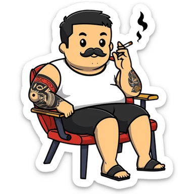 Heavy-set man leaning back in chair with legs spread, smoking cigarette, exposed belly, round face, short black hair, beard with mustache, black t-shirt with light stripes on top portion, sleeves rolled up, black shorts, arms decorated with distinct black graphic tattoo patterns sticker