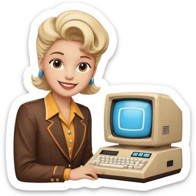 White and black 80s computer with face sticker