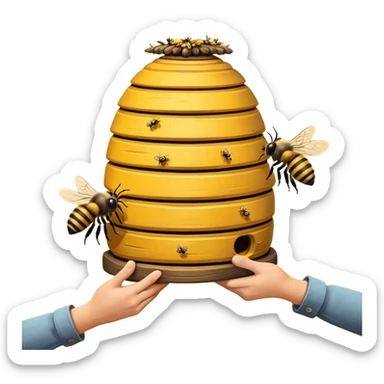 hands shake the bee hive with bees escaping sticker