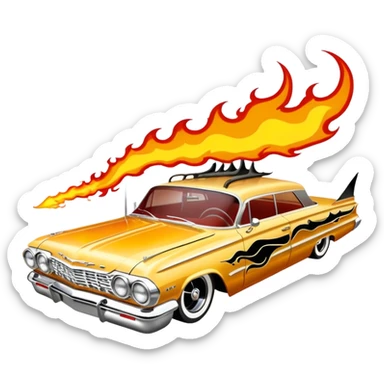 Satan’s streamlined Hot rod custom 1964 impala low rider four door Anubis themed painted hood flaming side-mounted chrome exhaust pipes driving straight to hell  sticker