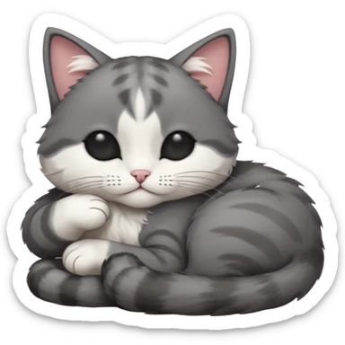 dark grey and white small cat with its eyes closed lying down leaning on its elbow with its paw curled under its head holding it up sticker
