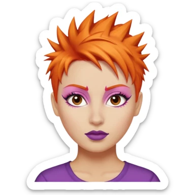 A person emoji with light skin, short spiky orange hair swept to one side, matching pink eyebrows, brown eyes, an oval-shaped face, a small nose, and dark lipstick. sticker