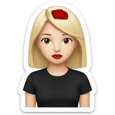 girl with blonde straight hair, brown eyes, red lipstick, wearing black t-shirt sticker
