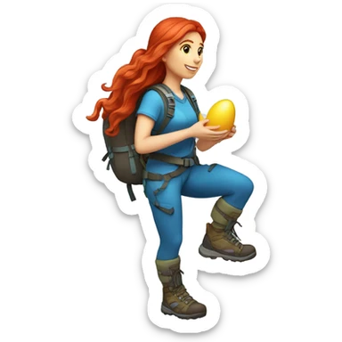 Female mountain climber long red hair climbing with Greek flag on backpack and holding Easter eggs basket sticker