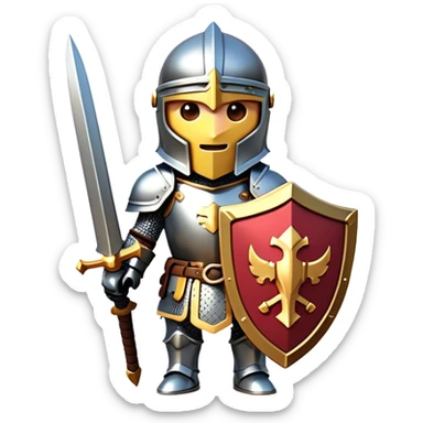 Clash of Clans aesthetic: Cinematic Playful Armored Knight Hero Emoji, rendered in a 3D vector-style similar to standard emojis with minimal shading and bold, simplified shapes. A compact, isometric warrior clad in gleaming plate armor with intricate heraldic details, softly glowing with a chivalrous medieval charm. Simplified yet unmistakably iconic, highly detailed and consistent, glowing with a soft radiant shine and high polish. Stylized with a touch of noble valor and a soft glowing outline, capturing the essence of a gallant knight ready for honorable battle with a friendly, playful manner! sticker