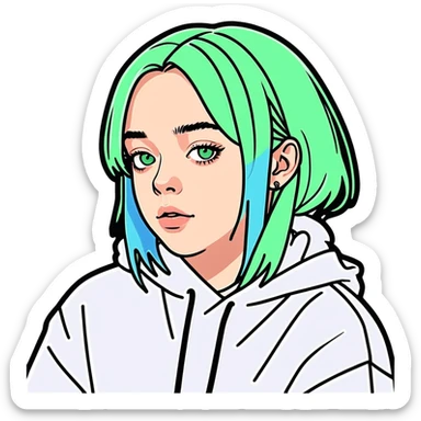 8k, 5000x5000px resolution, clean, smooth, thin lines, ultra detailed, hyperrealism, celebrity, singer Billie Eilish 2025. Glossy appearance, clean thin lines, vivid, clean appearance.  sticker