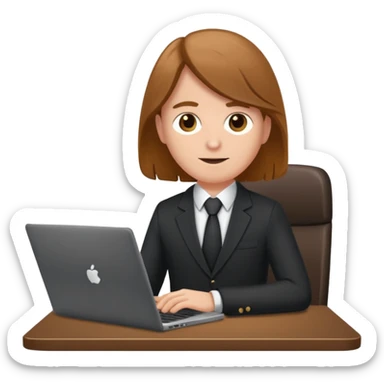 Mach mir einen Trader der in einem Schreibtischstuhl sitzt mit einem Laptop. vor sich am tisch. Aber er soll alleine sein. Mach ihn mit anzug und braunen haaren und määnlich sticker