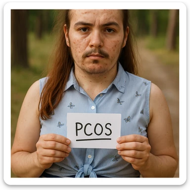 Realistic woman with PCOS inspired by the reference photo, face with acne, facial hair, thin hair, similar clothing, natural environment, hyperrealistic 4K details. sticker