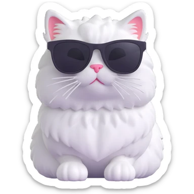 white fluffy cat with long hair and black sunglasses, 3D emoji style sticker