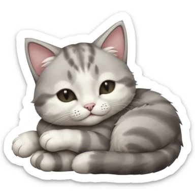 1 grey and white small cat with its eyes closed lying down leaning on its elbow with its paw curled under his head holding it up sticker