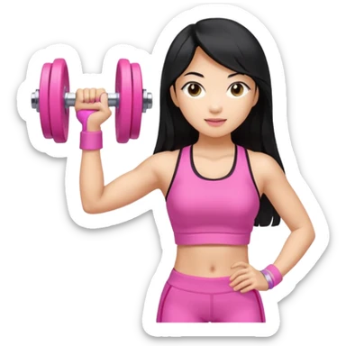 An Asian lady with long hair, blonde highlights, in a pink gym outfit, holding a pink dumbell sticker